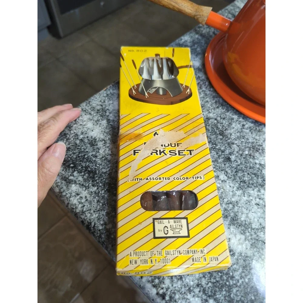Vintage Mid Century Modern Orange Fondue Pot and 6 Pc Fork Set Kitchen Cookware